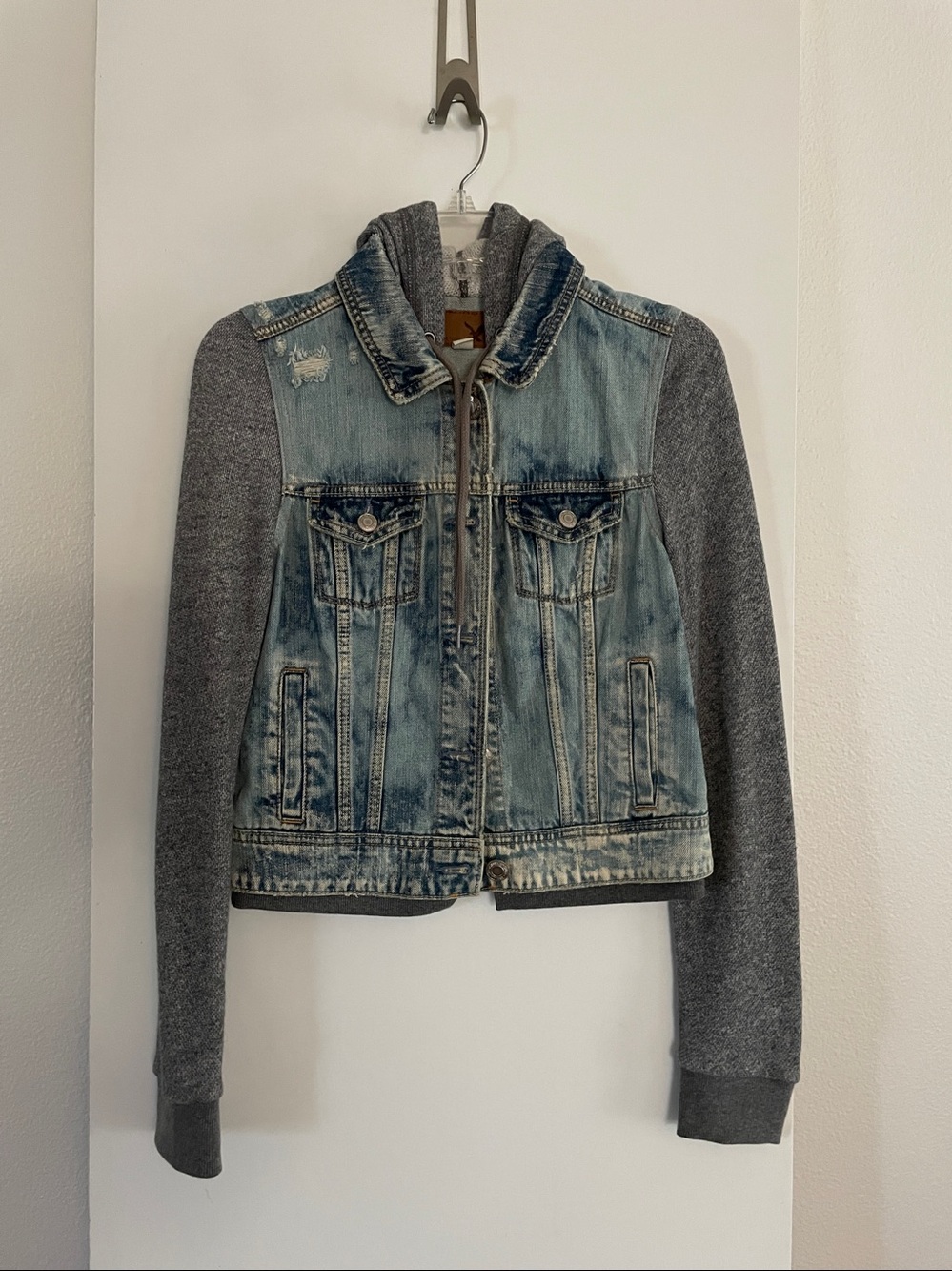 American Eagle Cotton/Knit  Accent Soft Denim Jean Jacket Distressed, Hoodie